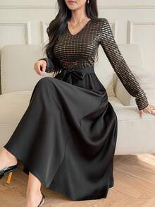 DAZY Women's V-Neck Long Sleeve Sequin Fabric Patchwork Satin Waistband Waist Cinched Elegant Dress For Formal Occasions Sundress - Multicolor - View 1