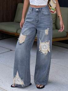 DAZY Women's Regular Waist Ripped Lace Patchwork Loose Straight Leg Jeans, Casual Street Style - Light Wash - View 3