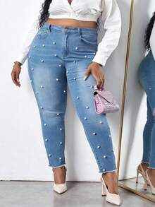 CurvyTilda 大碼高腰珍珠串珠毛邊緣緊身牛仔褲 - 淺色水洗藍 - 查看 3