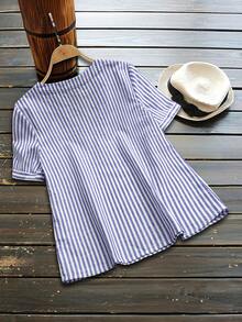 EMERY ROSE Blusa casual de mujer con cuello en pico y mangas cortas con estampado de rayas - Azul y blanco - Ver 2