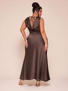 SHEIN BAE Elegant Sleeveless Satin Waist Cinched Dress - Coffee Brown - View 6