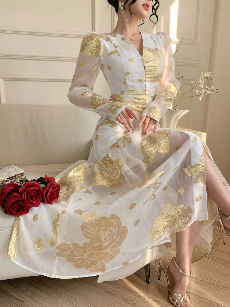 Elegant V-Neck Cinched Waist Flowy Dress For Women, French Romantic Style Sundress