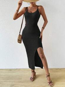 Breezaya Đầm dệt kim hai dây màu trơn xẻ tà bên hông gợi cảm dành cho nữ, thích hợp cho kỳ nghỉ. - màu đen - Xem 6