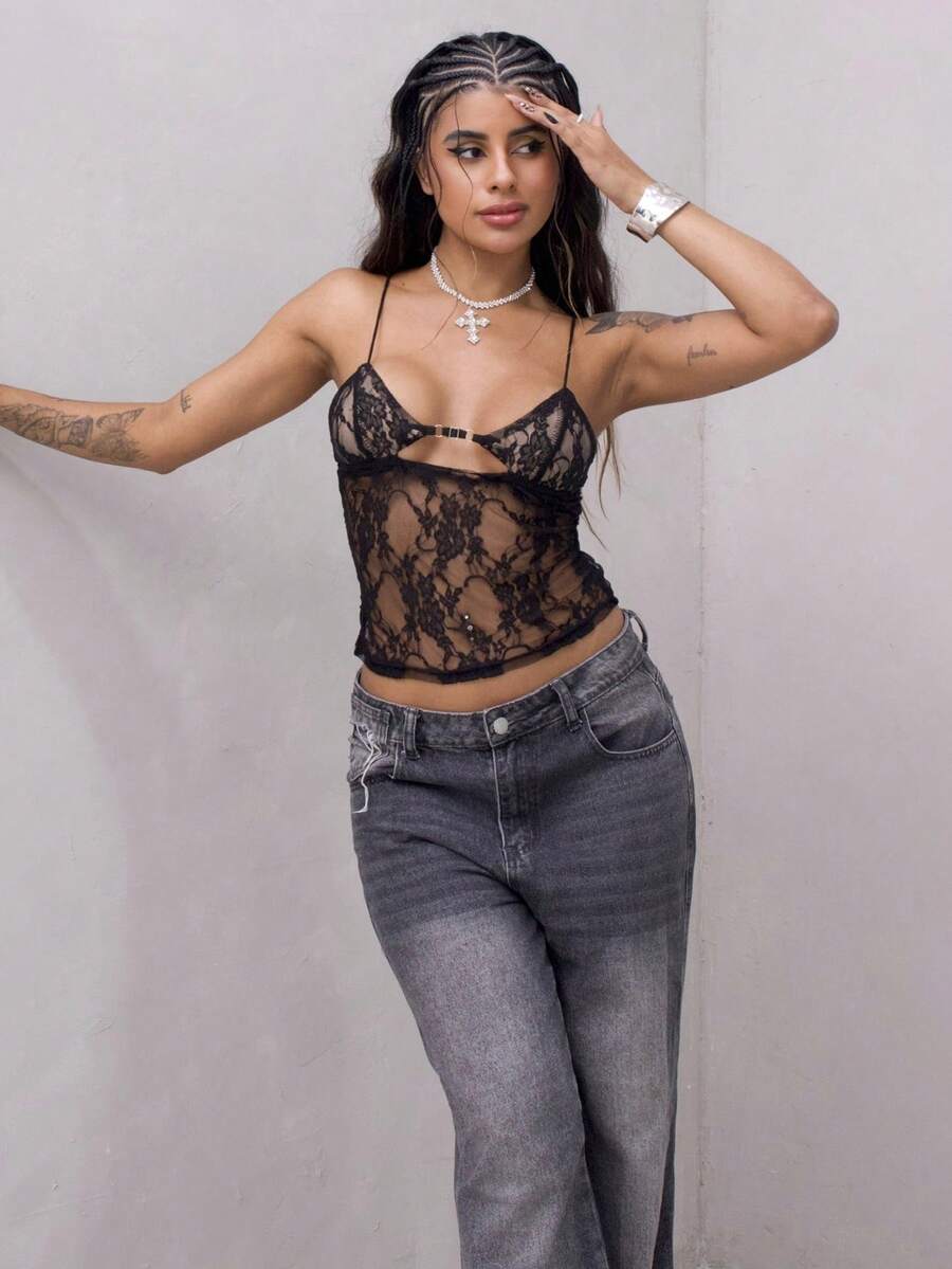 Rayane Ketlyn New Sexy Lace Black Camisole Top - Black - View 1