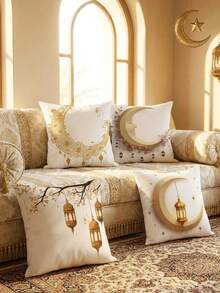 Cirelle 1pc Ramadan & Eid Decorative Pillow Cover - Gold Lantern & Moon Design, Elegant Sofa Decor For Islamic Holiday Celebration (Pillow Insert Not Included) - Multicolor - View 1