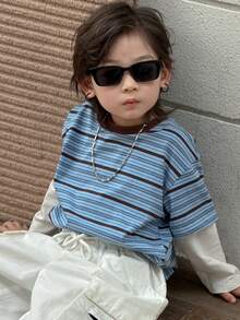 DAZY Young Boy Patchwork Striped Round Neck Long Sleeve Casual T-Shirt - Blue - View 5