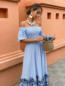 Selianne Women's Off-Shoulder Striped A-Line Print Split Dress, Casual Vacation Outfit, Spring/Summer - Multicolor - View 5