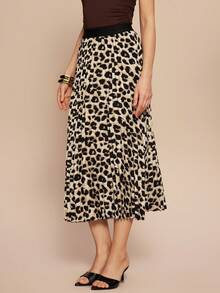Franclia Leopard Print Pleated A-Line Casual Versatile Mini Skirt Maxi Women Outfit - Light Grey - View 5