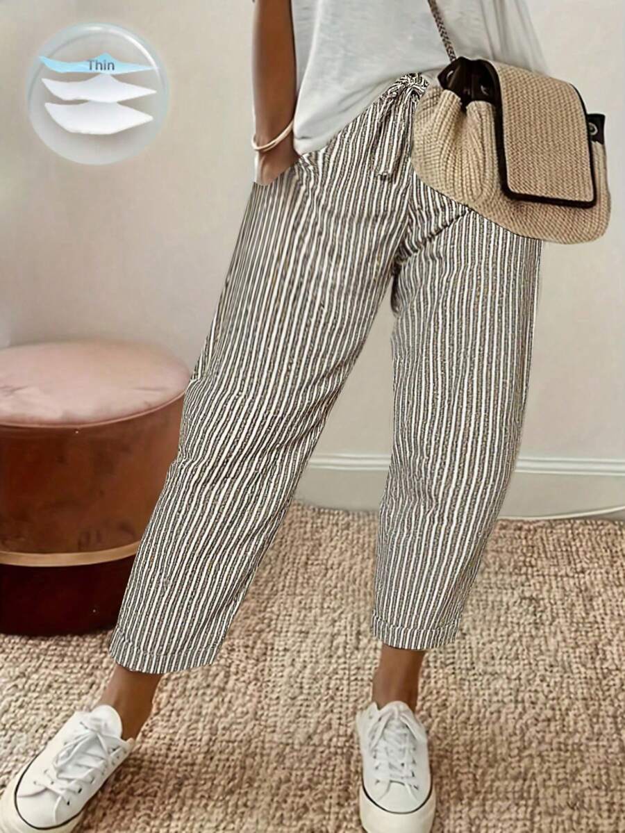 Breezaya Quần ống rộng in họa tiết sọc cạp chun đơn giản cho nữ - Màu Khaki - Xem 1