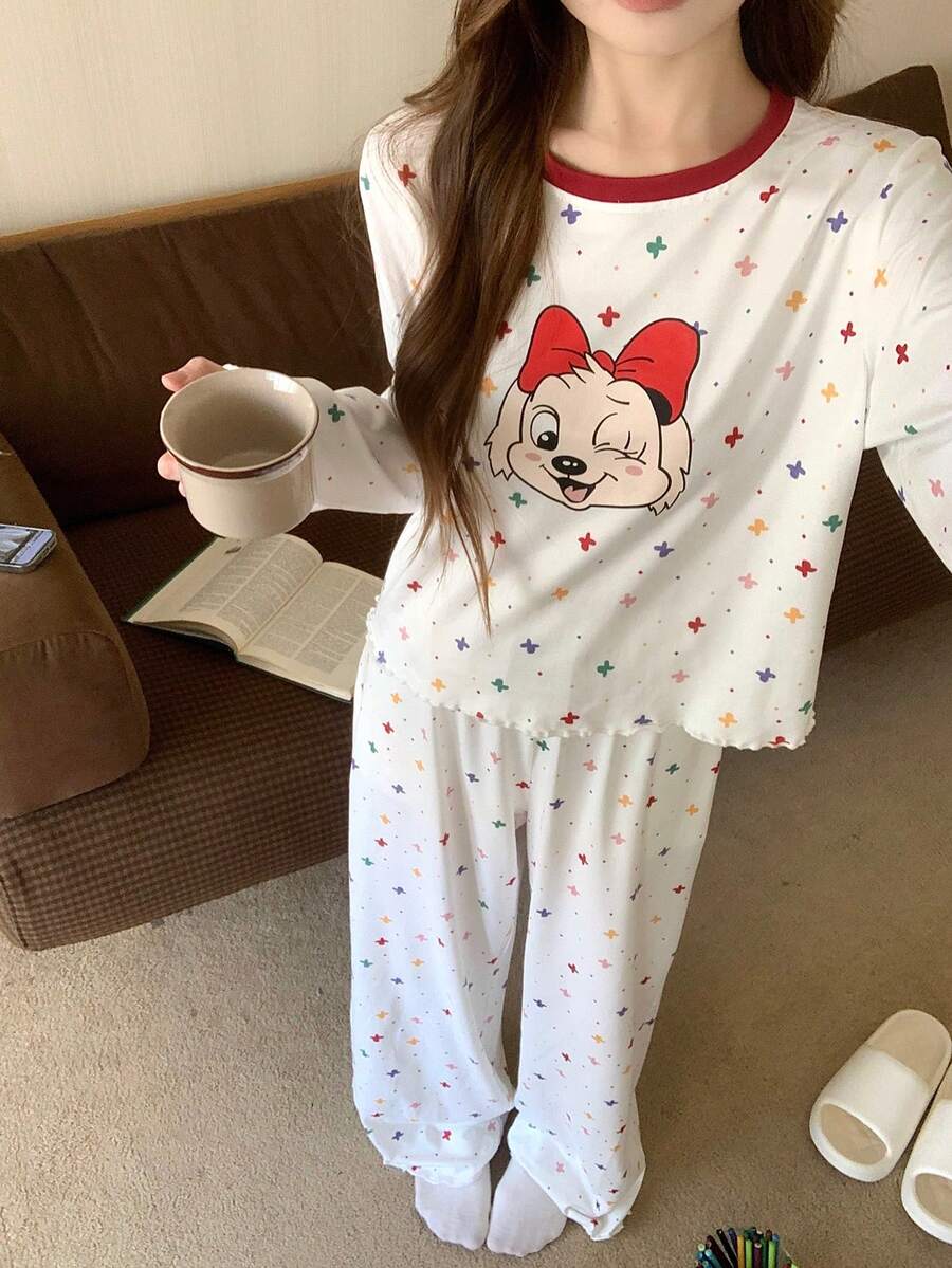 DAZY 2pcs Happy Dog Print Star Pattern Loose Long Sleeve & Long Pants Pajama Set For Women, Autumn - Beige - View 1