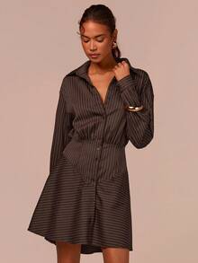 COSMINA 女士休闲条纹印花束腰衬衫裙，适合春秋季穿着，可用于购物和通勤，优雅衬衫裙，长袖连衣裙，春秋季连衣裙，棕色条纹连衣裙 - 棕色 - 查看 2