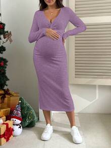 SHEIN Solid Color V-Neck Twist Knot Long Sleeve Bodycon Split Maternity Dress - Purple - View 5