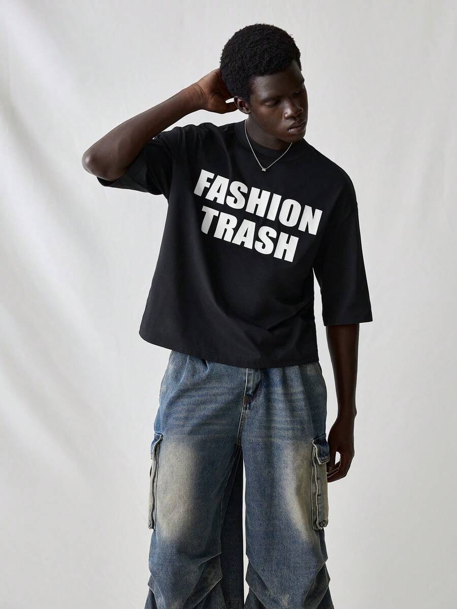 SWAVVY 男士针织休闲日常宽松短袖T恤，印有英文图案 - 黑色 - 查看 1