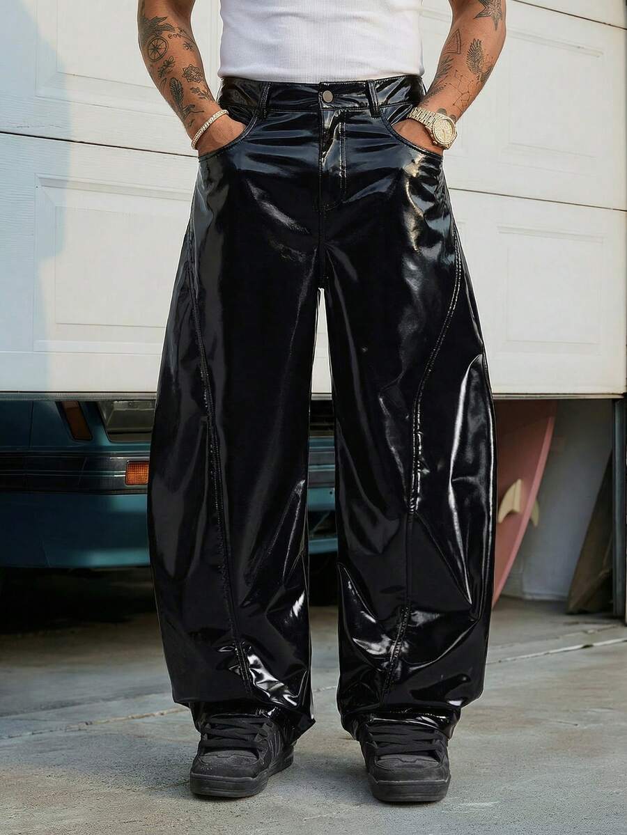 AXEPEAK 男士休闲时尚街头宽松PU皮阔腿裤 - 黑色 - 查看 1