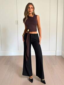 Siren Gaze 女士纯色不对称领口无袖上衣，侧边系带设计，休闲上衣；时尚无袖女士裹身交叉上衣，饰有金属扣；乡村音乐节上衣；棕色上衣；外出上衣；派对上衣；夏季休闲装；深棕色上衣；棕色露脐上衣；巧克力棕色上衣；咖啡棕色上衣；系带上衣 - 棕色 - 查看 7