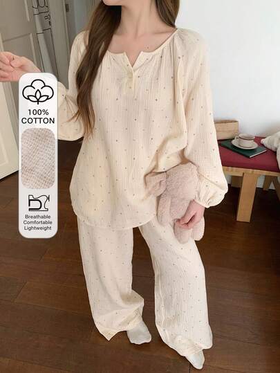 DAZY 波点印花宽松灯笼袖女士睡衣套装，柔软绉纱面料