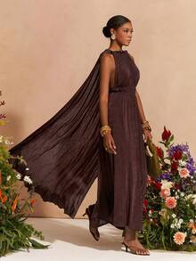 Zivah 2026 春季新款音乐节、复活节、西部风、游牧风、生日派对、日常休闲百搭斗篷连衣裙，采用弹力针织面料、弹力腰带、亮面雪纺、露背荷叶边下摆和褶皱面料，深棕色长款连衣裙 - 咖啡棕 - 查看 11