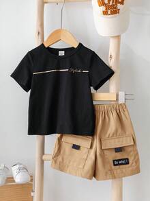 Kleine Jungen Sommer Lässig Alltags Outfit mit Buchstaben-Muster Kurzarm T-Shirt und Cargo Shorts mit Klapptasche - Khaki - Übersicht 6