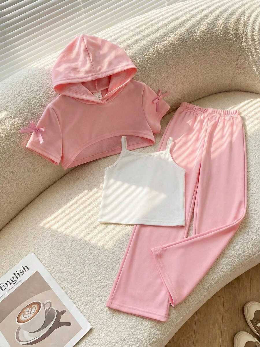 3pcs/Set Toddler Girls' Knit Hoodie Short Sleeve Crop Top, Loose Knit Camisole & Wide Leg Pants 3-Piece Outfit, Suitable For Daily Wear, All Seasons Girld Outfit Set Set Outfit For Girl Set Outfit For Teens Clothes Set - Pink - View 1