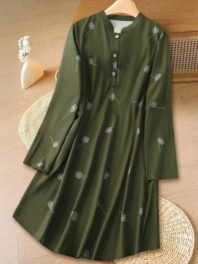 Rusticease 女士休闲蒲公英印花长袖宽松连衣裙，适合春秋季度假穿着