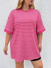 SHEIN CURVE+ 大码女式条纹圆领短袖休闲宽松T恤 - 玫紅色 - 查看 4