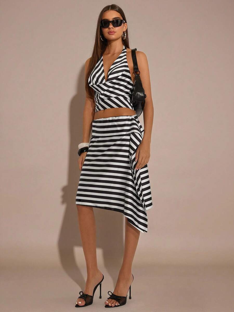 SHEIN BAE Women's Black And White Checkered Asymmetrical Striped Midi Skirt,Vintage Fashionable Commuter Work Midi Skirt,Autumn Seksi Chic Night Out Vacation - Black and White - View 1