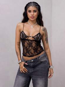 Rayane Ketlyn New Sexy Lace Black Camisole Top - Black - View 6