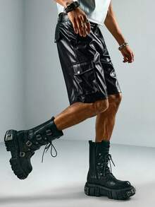 ROMWE MEN Street Life Męskie szorty casualowe ze skóry PU w jednolitym kolorze z kieszeniami ukośnymi - Czarne - Zobacz 4