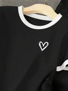 Resyla 2件套女士爱心印花圆领短袖荷叶边T恤和裤子休闲套装 - 彩色 - 查看 4