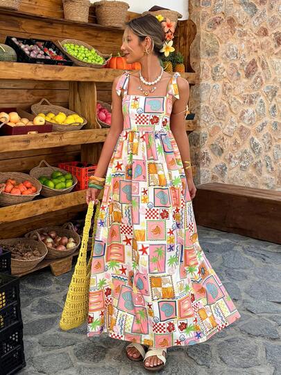 Selianne Standard Size Women's Spring/Summer Spaghetti Strap Square Neck Waisted A-Line Plaid & Ditsy Floral Casual Vacation Dress