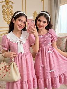 SHEIN ChillGRL Streecool 少女纯色泡泡袖蝴蝶结休闲连衣裙，适合春夏日常休闲穿着 - 粉色 - 查看 7