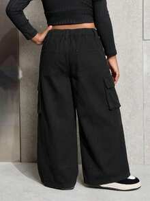 Young Girl' Camouflage & Branch Print Loose Fit Denim Pants - Black - View 7