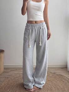 Flirla 女士灰色筒状裤腿褶裥抽绳斜插口袋运动裤，低腰，秋冬时尚，适合教师、学生、毕业典礼、休闲、街头风、日常穿着，简约百搭 - 灰色 - 查看 3