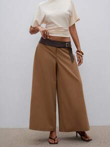 ATUI Studio Women's Contrast Color Waist Wide Leg Pants,All Shades Of Brown,Autumn,Minimalist,Office Spliced Khaki Casual Fashion Loose Commuting Multifunctional - Khaki - View 5