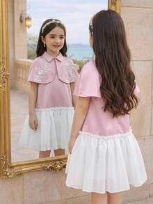 Young Girl Light Pink Summer 7th Birthday Princess Dress Set,Delicate Lace Applique 3D Flower Collar Capelet & Ruched Organza Flared Dress,2pcs Kids - Pink - View 7