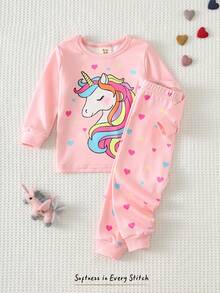 Cozy Pixies 女婴卡通动物印花针织柔软圆领短袖上衣和松紧腰打底裤两件套睡衣 - 淺粉色 - 查看 9