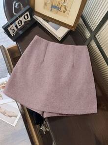 SHEIN Franclia 双层开衩羊毛混纺A字裙裤，厚实而端庄 - 粉色 - 查看 3