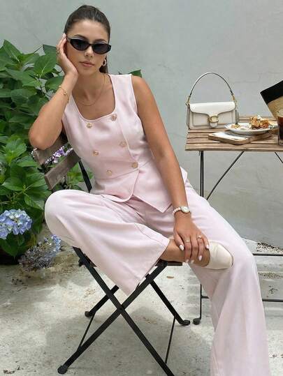 Polyester Plain Square Neck Sleeveless Vest Top And Long Wide Leg Pants Co-Ord For Everyday Casual Wear