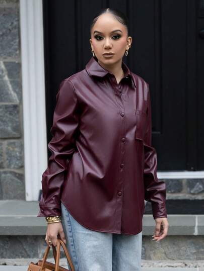 Melissa Matos 2025 新款女式安哥拉红色纯色长袖 PU 皮革单排扣休闲衬衫夹克，适合情人节装扮，春季