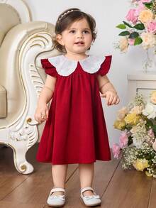 女婴休闲优雅甜美可爱刺绣领A字短袖连衣裙，红色，春夏款 - 紅色 - 查看 5