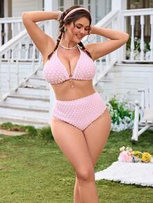 Swim Mod 大码女士三件套波点比基尼套装 - 粉色 - 查看 4