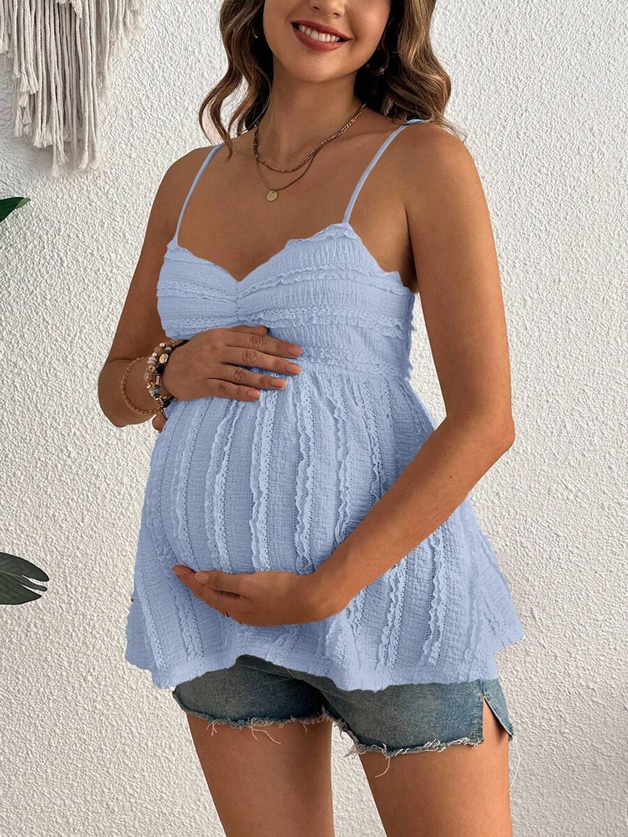 SHEIN Áo hai dây cho bà bầu ren màu trơn, thiết kế xếp ly, thời trang nữ. - Màu xanh lam - Xem 1