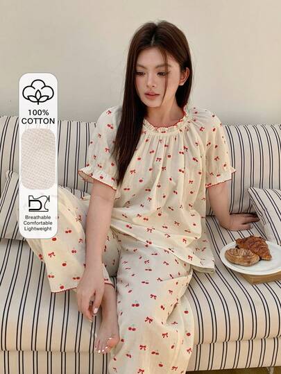 Dazy Plus 2pcs/Set Cute Cherry Pattern Loose Short Sleeve Top And Long Pants Pajama Set, Spring/Summer