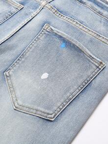 Manfinity Roghcode Men's Fashionable Printed Distressed Washed Jeans, Plain Slim Fit Long Washed Baby Blue Cargo Jeans, For Husband, Boyfriend Gifts, Ripped Jeans Men, Splatter Paint Jeans, Hip Hop Jeans - Light Wash - View 6