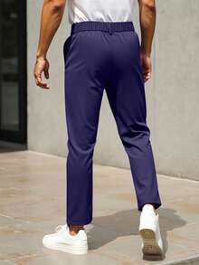 Manfinity Mode Pantalones casuales de pierna recta con textura para hombres, el diseño plisado ofrece un ajuste cómodo, adecuado para ocasiones casuales diarias, se puede combinar con camisas o camisetas para mostrar un estilo de negocios casual, también es un gran regalo - Azul Marino - Ver 2