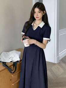 DAZY Robe mi-longue plissée à col polo blocs de couleurs pour femmes, robe chemise de plage, robes décontractées pour femmes - Bleu marine - Voir 9