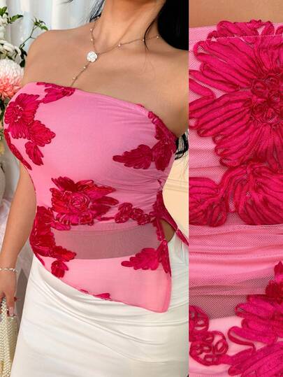 CovetEZ Plus Size Svart Plisserad Slits Axelbandslös Stickad Stretchtopp