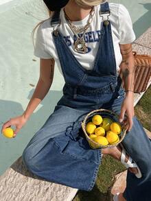 DAZY Women's V-Neck Urban Casual Denim Bib Pants And Jumpsuit - Medium Wash - View 5