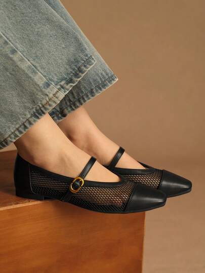 Rosivie أحذية ماري جين ذات الكعب المسطح للنساء، بتصميم مربع الأصبع، من الشبكة السوداء، مريحة وقابلة للتنفس بنعل ناعم، أنيقة بطراز فرنسي كاجوال للتنقل اليومي