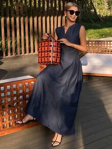 DAZY Women's V-Neck Sleeveless Waist Cinched Long Denim Dress, Vacation Style, Summer - Dark Wash - View 6